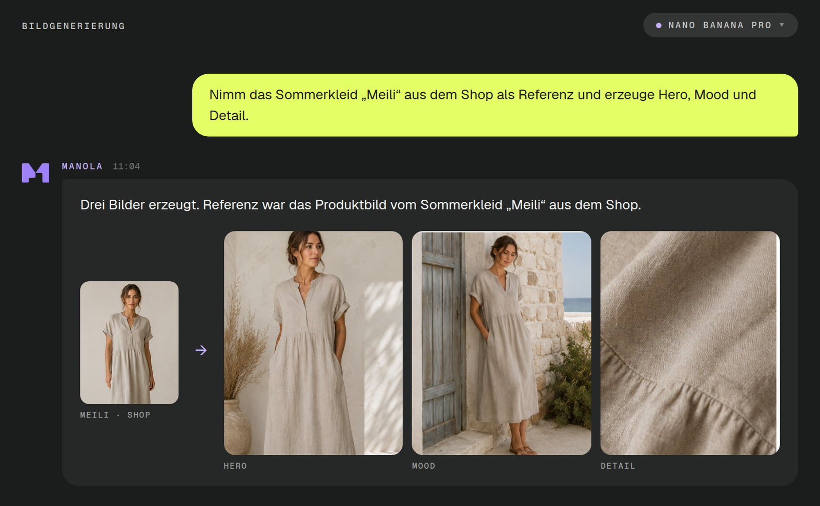 Bildgenerierung im Manola-Chat mit dem Modell Nano Banana Pro: die Anweisung „Nimm das Sommerkleid ‚Meili‘ aus dem Shop als Referenz und erzeuge Hero, Mood und Detail“, die Antwort „Drei Bilder erzeugt“ und darunter das Referenzbild, ein Pfeil und die drei erzeugten Bilder Hero, Mood, Detail.